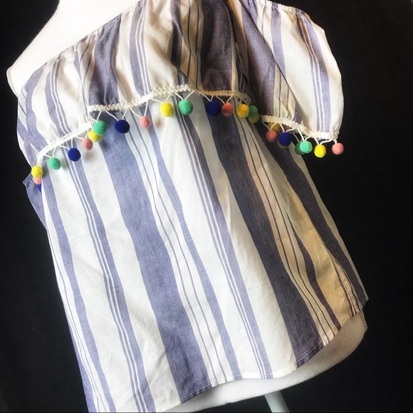 Promesa Navy Striped off the shoulder Pom Pom Top - Picture 5 of 7